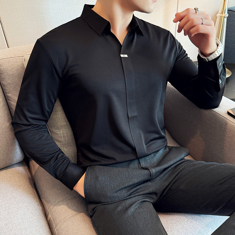 Men's V-neckline Drape Ironing Free Long Sleeves